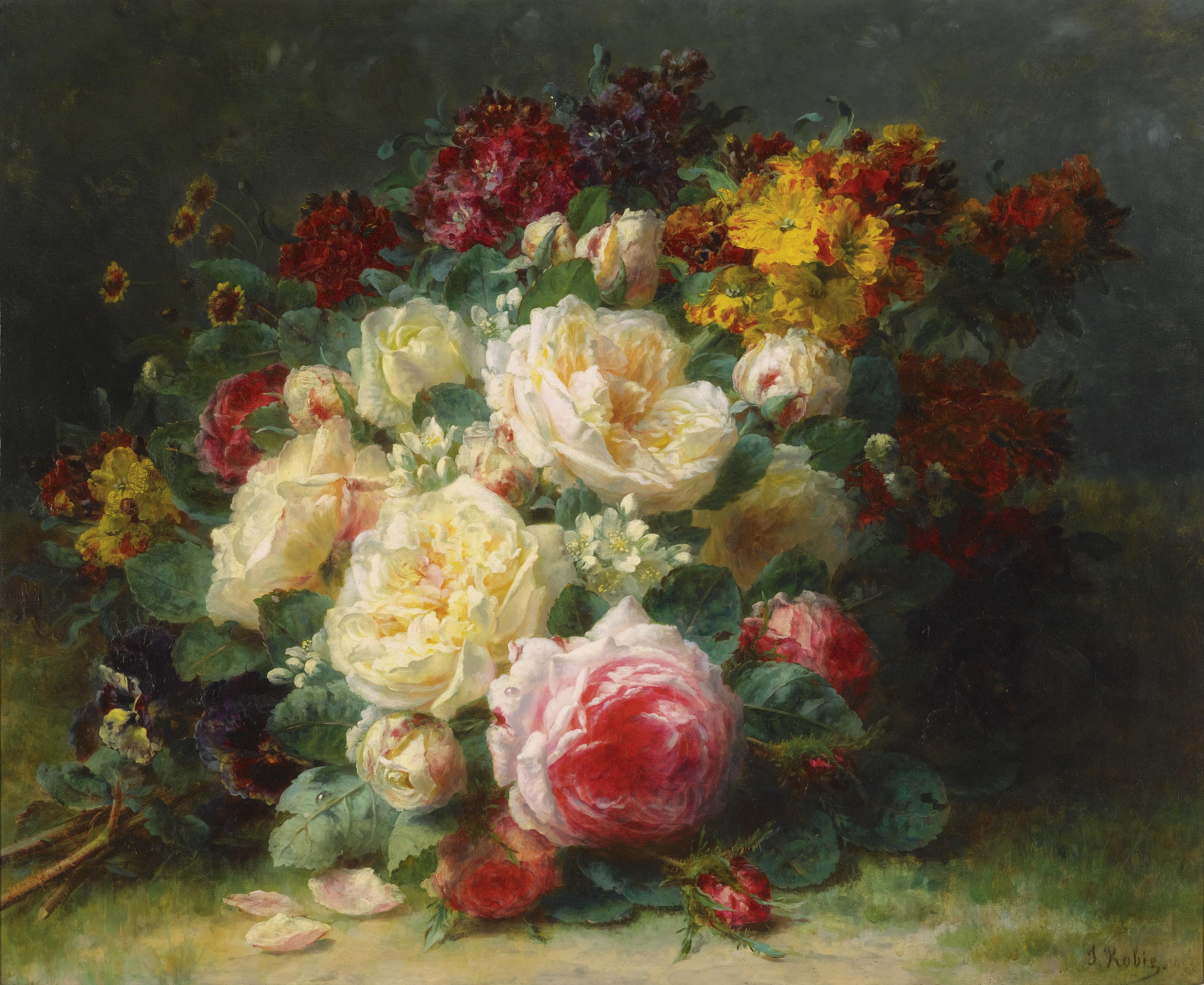 Jean-Baptiste Robie - Belgian a Bouquet Of Cabbage Roses