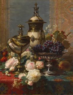 Jean-Baptiste Robie - Belgian a Still Life With Roses, Grapes, And A Silver Inlaid Nautilus Shell