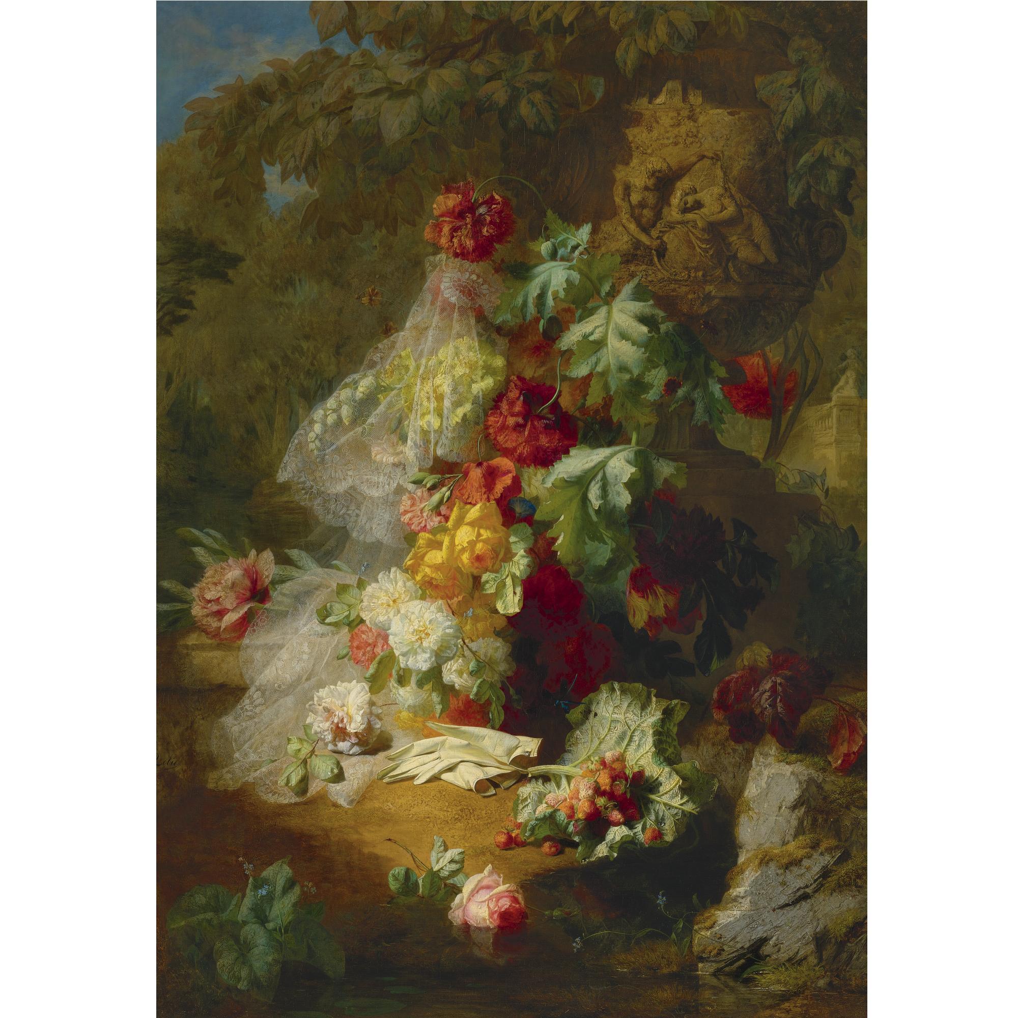 Jean-Baptiste Robie - Belgian Still Life In A Park With An Urn Of \