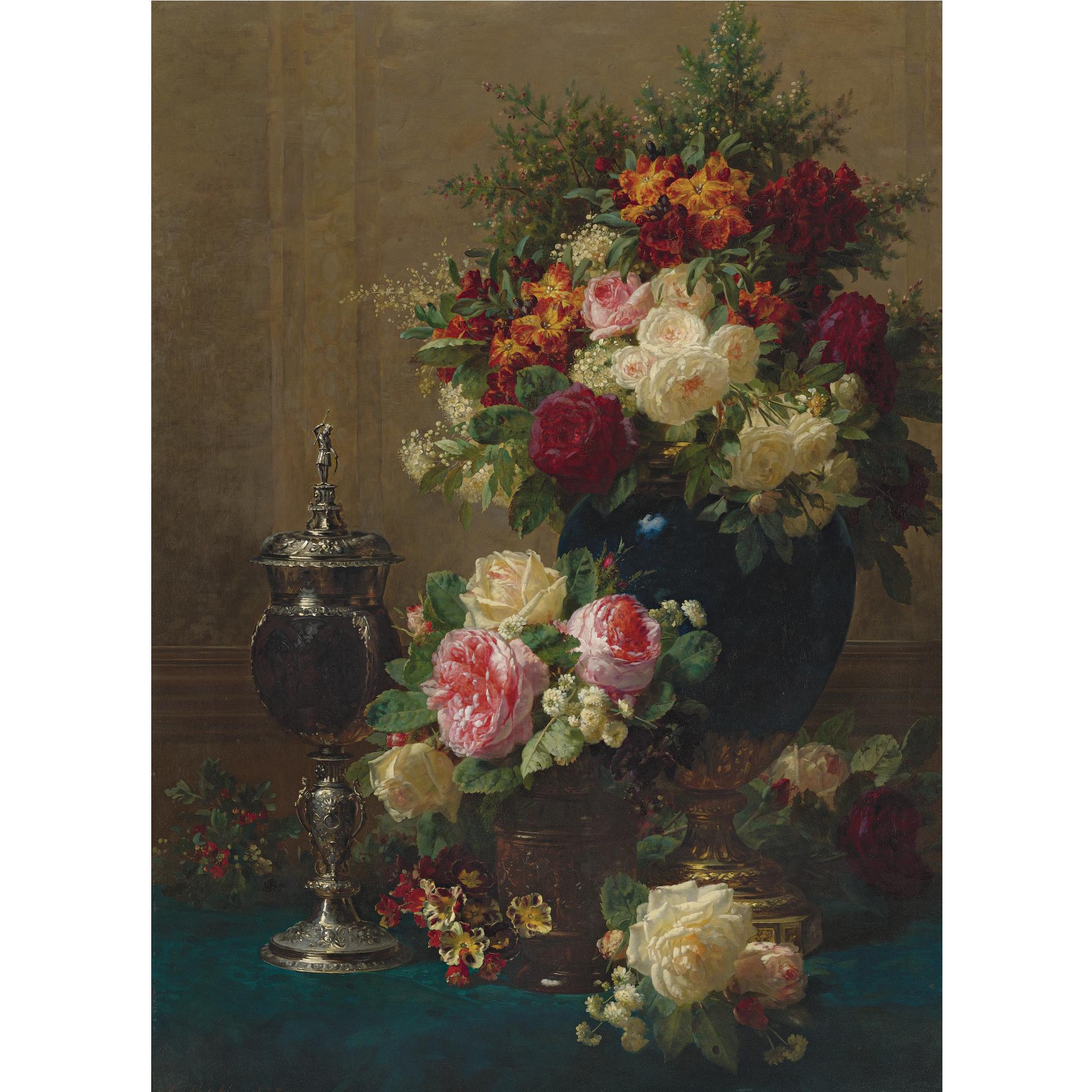 Jean-Baptiste Robie - Belgian Still Life Of Flowers With A Coconut Chalice On A Table