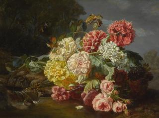 Jean-Baptiste Robie - Belgian still Life With Roses And Poppies