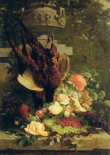 Jean-Baptiste Robie - Hanging pheasants with summer flowers on a stone ledge in a garden