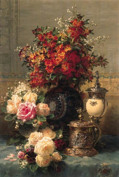 Jean-Baptiste Robie - Roses, anenomes and peonies, strawberries, a silver-gilt ostrich egg cup and a German gold-gilt tankard on a draped table