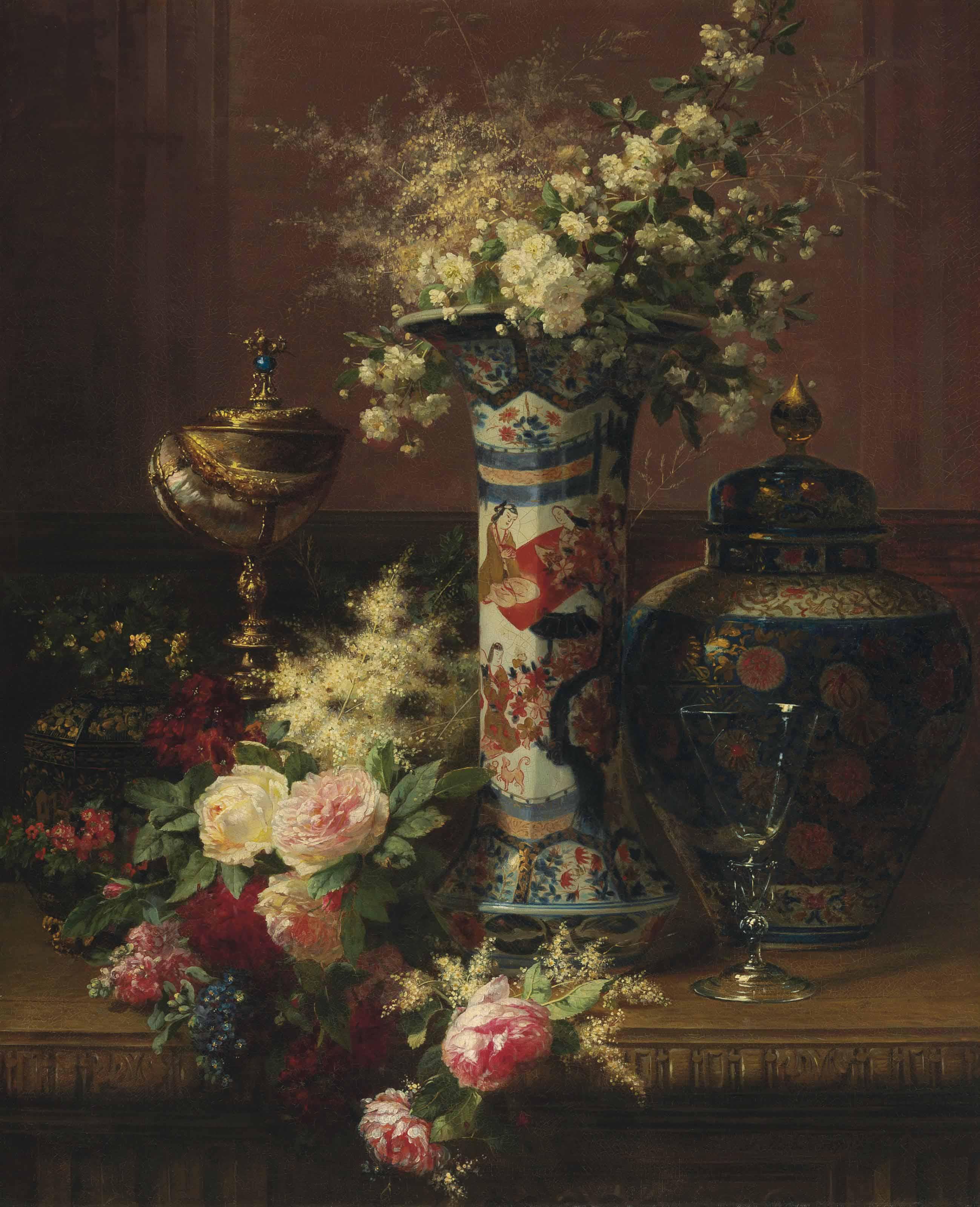 Jean-Baptiste Robie - Roses, Peonies and Forget-me-nots in a Japanese Vase