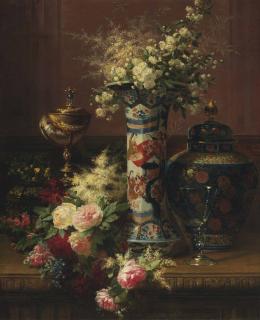 Jean-Baptiste Robie - Roses, Peonies and Forget-me-nots in a Japanese Vase