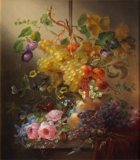 Jean-Baptiste Robie - Still life of flowers and grapes on a ledge