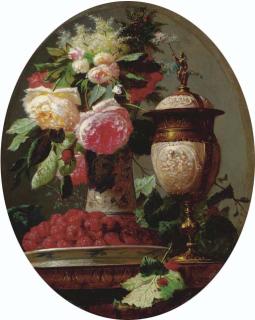Jean-Baptiste Robie - Still Life of Flowers with Raspberries and an Urn on a Table in a painted Oval