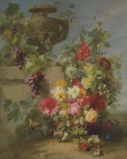 Jean-Baptiste Robie - Still Life of Roses, Morning Glories, Chrysanthemums, Forget-Me-Nots, Grapes And Raspberries By A Decorative Stone Urn On A Ledge In A Landscape