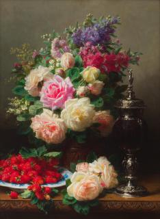 Jean-Baptiste Robie - Still life with flowers, strawberries and a cup