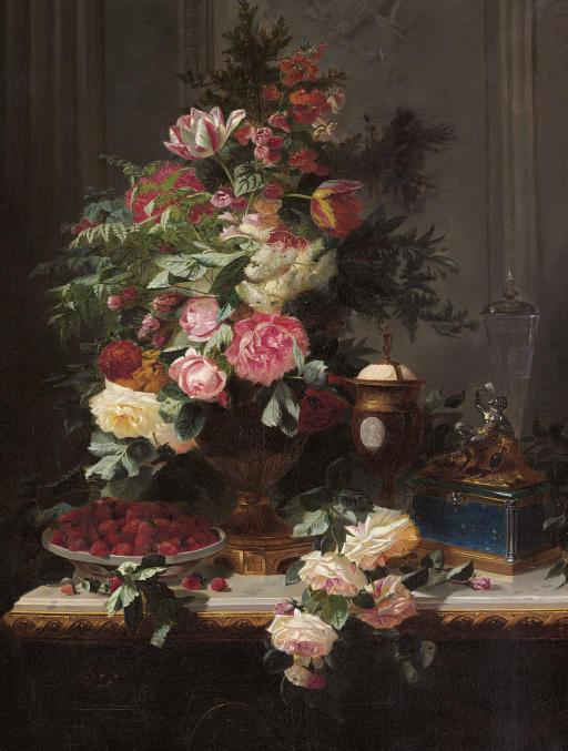 Jean-Baptiste Robie - Still Life With Roses And Wild Strawberries