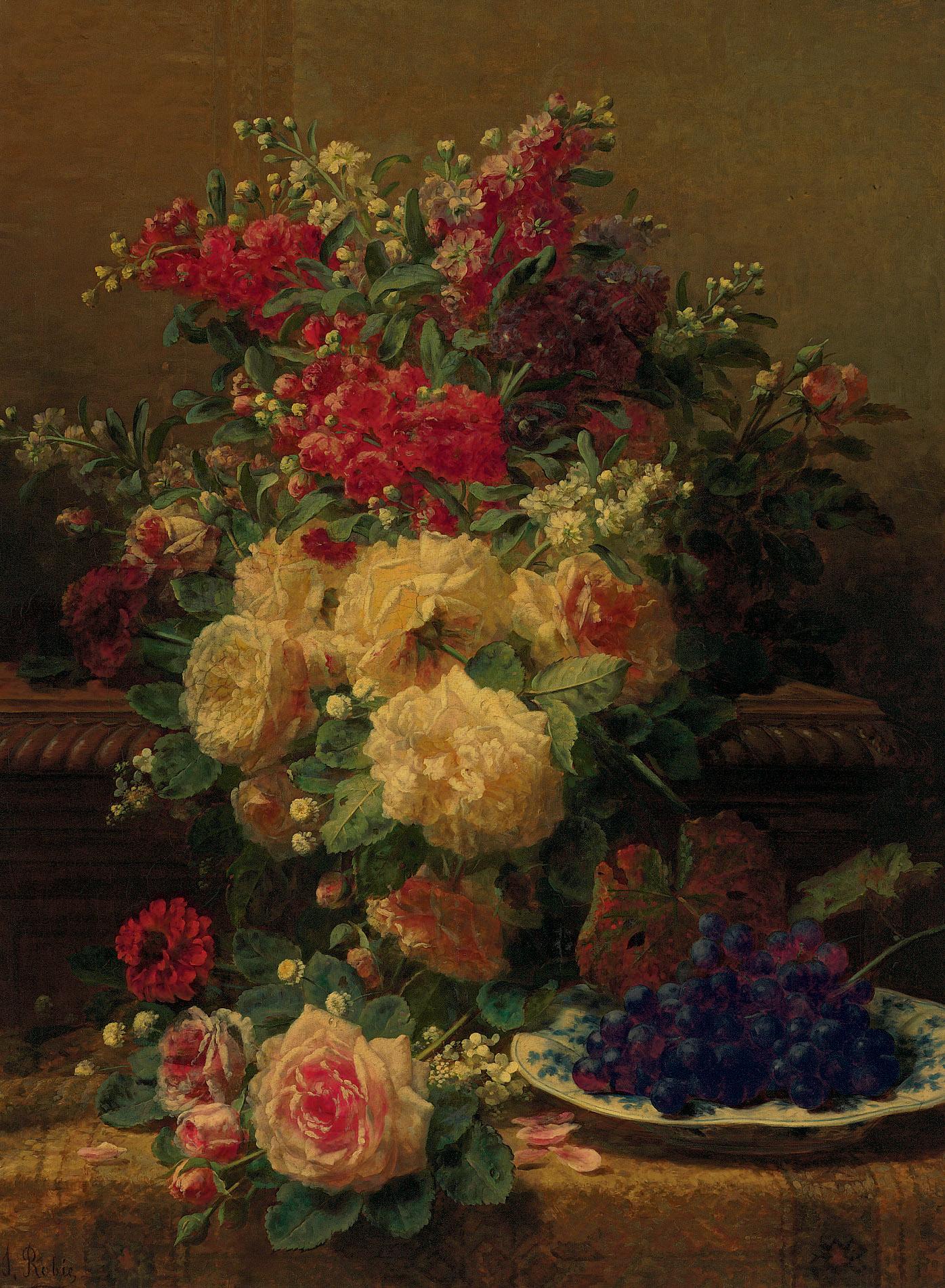 Jean Baptiste Robie - Summer flowers and grapes on a ledge