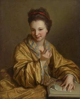 Jean-Baptiste Santerre - A young woman in a yellow robe with a letter, called La Menaceuse
