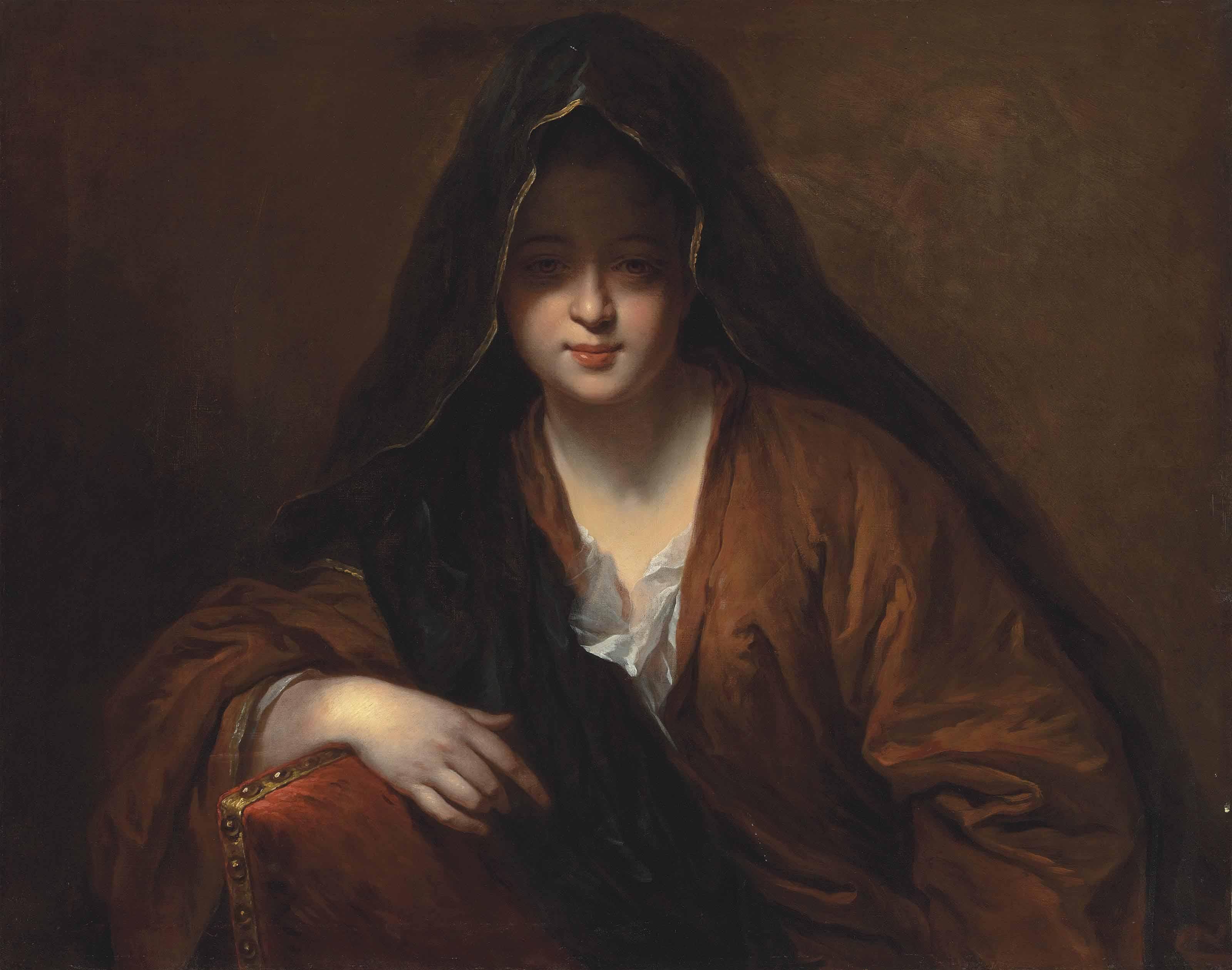 Jean-Baptiste Santerre - Portrait Of A Lady, Half-Length, In An Ochre Gown And A Black, Gold-Trimmed Veil, Leaning On A Red Upholstered Chair With A Gold Nailhead Trim