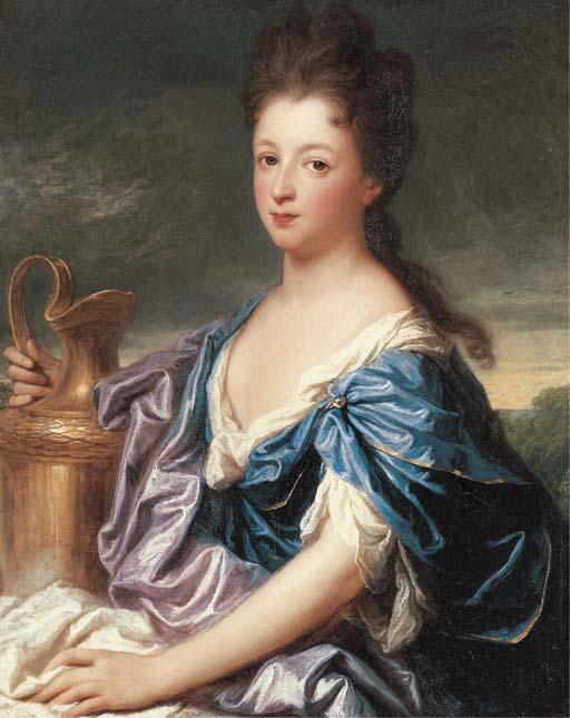 Jean-Baptiste Santerre - Portrait of a lady, said to be the Marquise d\'Epinay as Hebe, half-length, in a blue dress, holding an urn