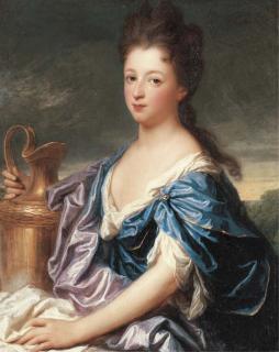 Jean-Baptiste Santerre - Portrait of a lady, said to be the Marquise d\'Epinay as Hebe, half-length, in a blue dress, holding an urn