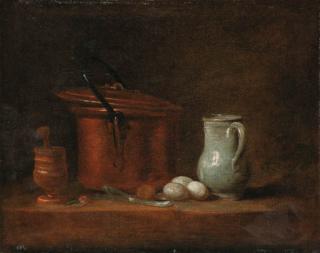 Jean-Baptiste-Siméon Chardin - A copper cauldron, a pestle and mortar, a stoneware jug, eggs and a spring onion on a ledge