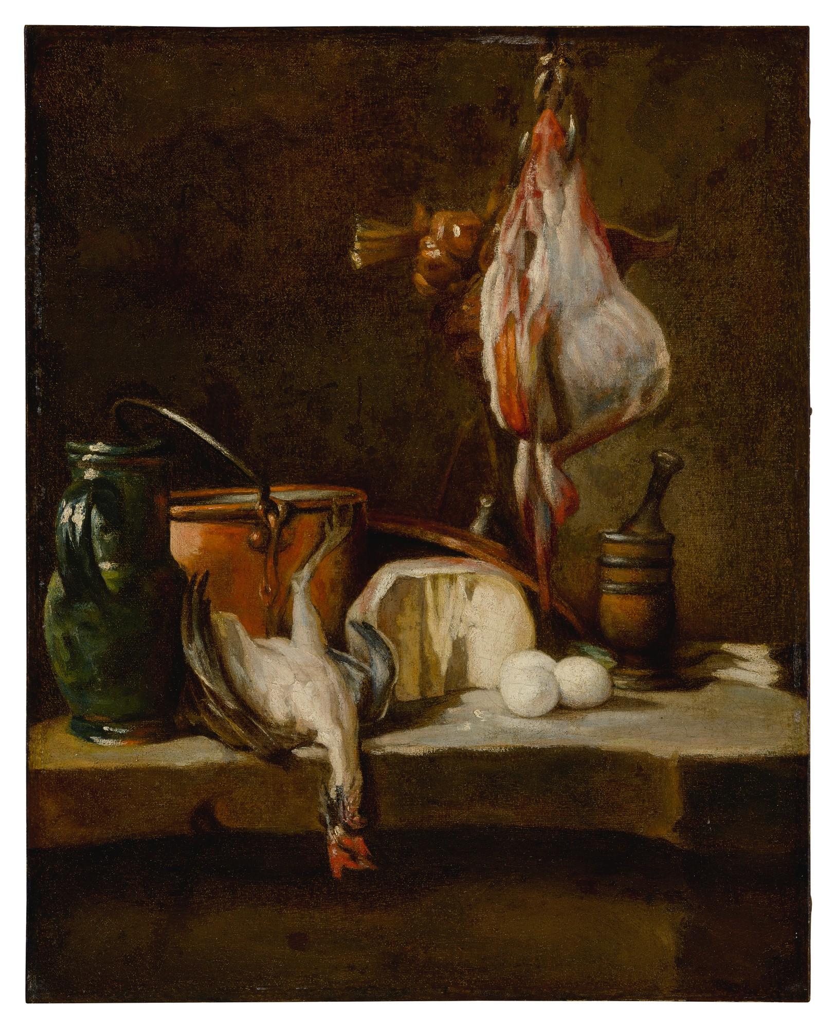 Jean Baptiste Siméon Chardin - Still Life with a ray-fish, a basket of onions, eggs, cheese, a green jug and a copper pot, with a mortar and pestle on a stone ledge