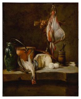 Jean Baptiste Siméon Chardin - Still Life with a ray-fish, a basket of onions, eggs, cheese, a green jug and a copper pot, with a mortar and pestle on a stone ledge