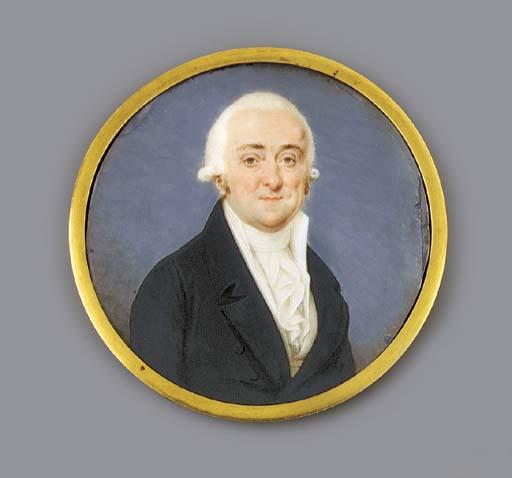 Jean-Baptiste Soyer - A gentleman, full face in black coat, white waistcoat and striped frilled cravat, powdered hair