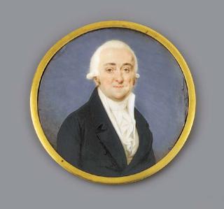 Jean-Baptiste Soyer - A gentleman, full face in black coat, white waistcoat and striped frilled cravat, powdered hair