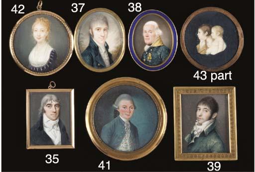 Jean Baptiste Soyer - A young lady, facing left in a blue dress and fichu with tassels, her blonde hair upswept