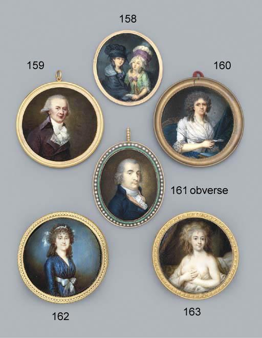 Jean-Baptiste Soyer - A Young Lady In Blue Silk Dress With Light Blue Tasselled Sash Tied In A Bow At Waist, Gold-Set Jewel Pinned At Corsage, Gold Hoop Earring, Light Blue Bandeau Tied In Her Long Curling Hair