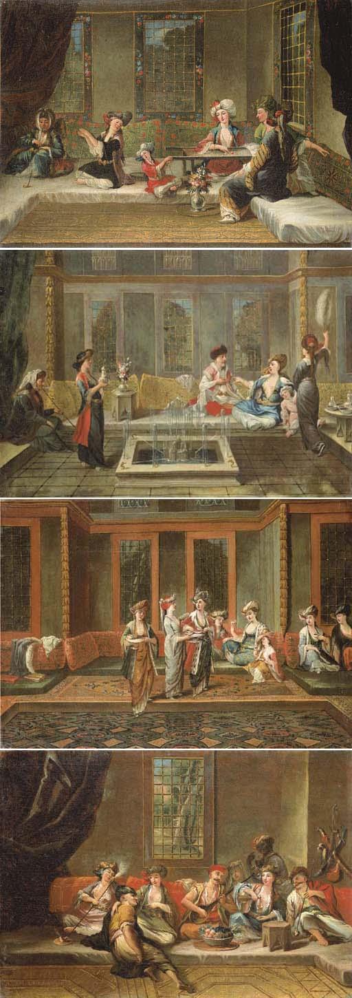 Jean-Baptiste Vanmour - Armenian women embroidering in an interior; Armenian women drinking coffee in an interior; Armenian interior with a sultan and his favourite; and Greek sailors merrymaking in an interior
