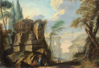 Jean Barbault - Paysage De Ruines Romaines Animé De Personnagesjean Barbault ; Landscape With Figures Among Roman Ruins ; Oil On Canvas