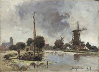 Jean-Barthold Jongkind - A Sailboat moored on the Bank of a Stream with a Windmill beyond