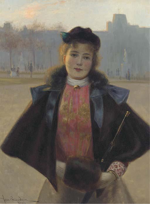 Jean Beauduin - Portrait of a young woman, three quarter length, in a winter park with fur cape, muff and hat