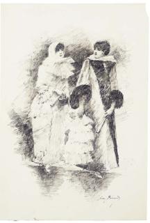 Jean Béraud - La Sortie de L\'Opéra: Deux Femmes En Manteau Tenant Des Éventails