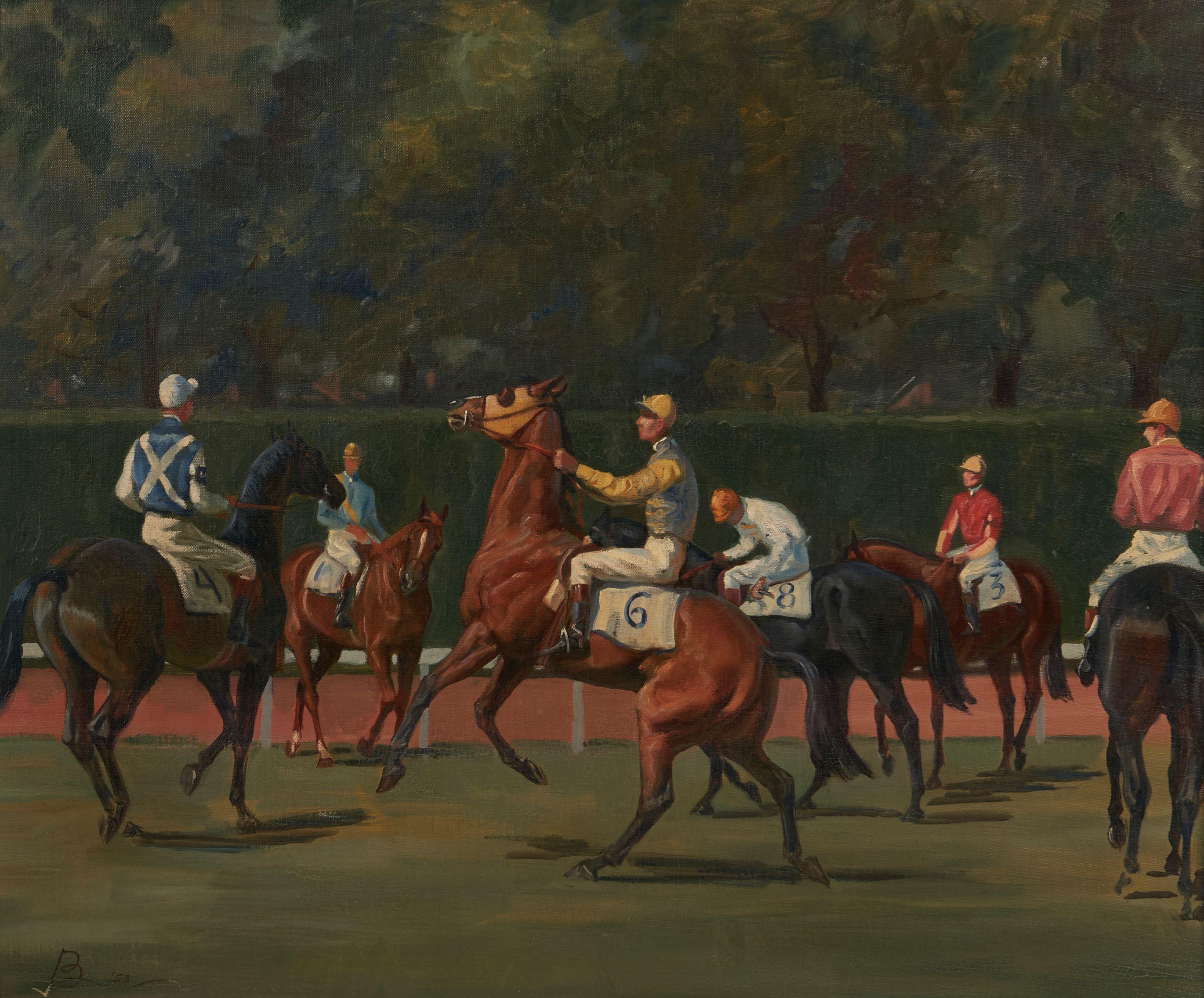 Jean Bowman - Horses and Jockeys by a Track 20 1/8 x 24 3/8 in.