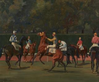 Jean Bowman - Horses and Jockeys by a Track 20 1/8 x 24 3/8 in.
