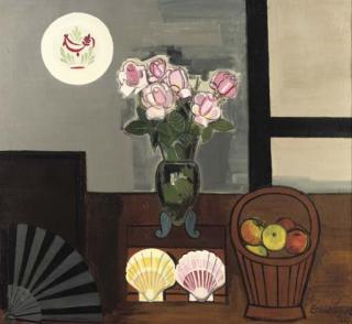 Jean Brusselmans - A still life with a flowers, shells and a fan