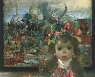 Jean Calogero - Young Girl With Flowers In Her Hair, Before A Window Looking Towards Montmartre
