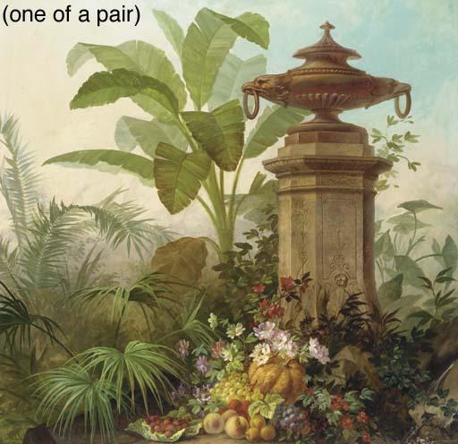 Jean Capeinick - Assorted Flowers with Grapes, Strawberries, Peaches and a Pumpkin in a Tropical Garden; Tropical Plants and Flowers before a Balustrade