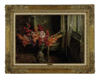 Jean Chaleyé - Still life of flowers in a porcelain vase by a window