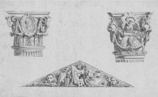 Jean-Charles Delafosse - Etudes de deux chapiteaux et un fronton ornementés de trophés, avec un portrait