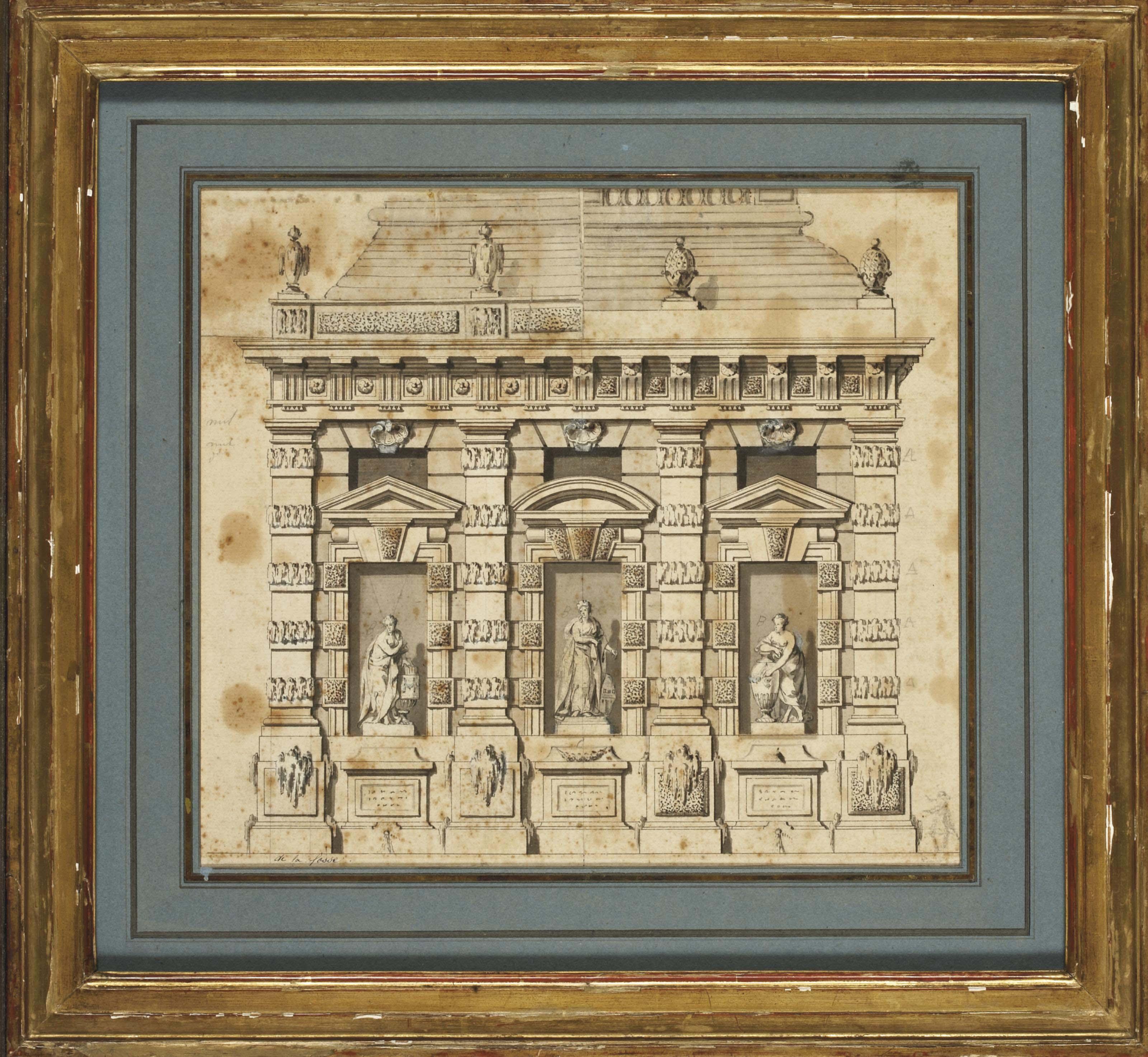 Jean-Charles Delafosse - Projet de façade d\'un palais avec des statues dans des niches