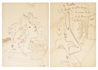 Jean Cocteau - Trois fantômes se promenant devant une maison and La Roulotte- La famille de Saltimbanques- La maison hantée- Les fantomes ; a pair of drawings