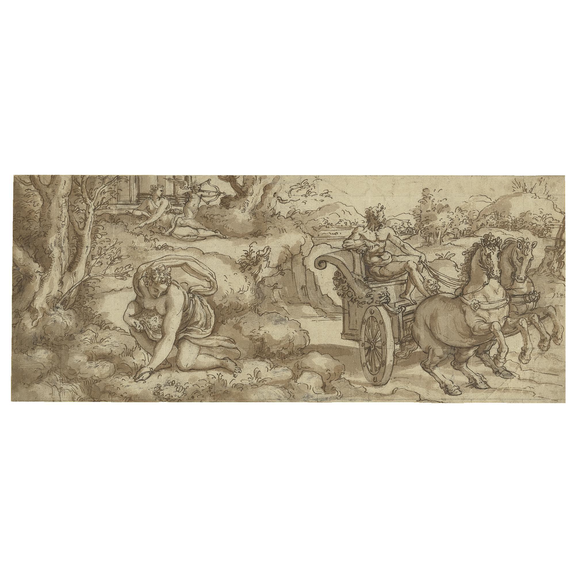 Jean Cousin the Younger - Persephone Picking Flowers As Pluto Passes In His Chariot, With Cupid Aiming His Arrow In The Distance