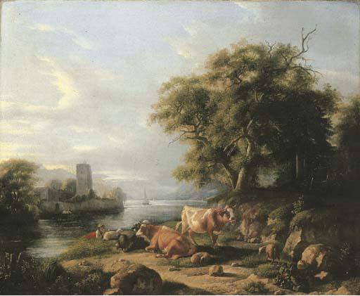 Jean-Daniel Huber - Seeuferlandschaft am Genfersee mit Figuren- und Tierstaffage