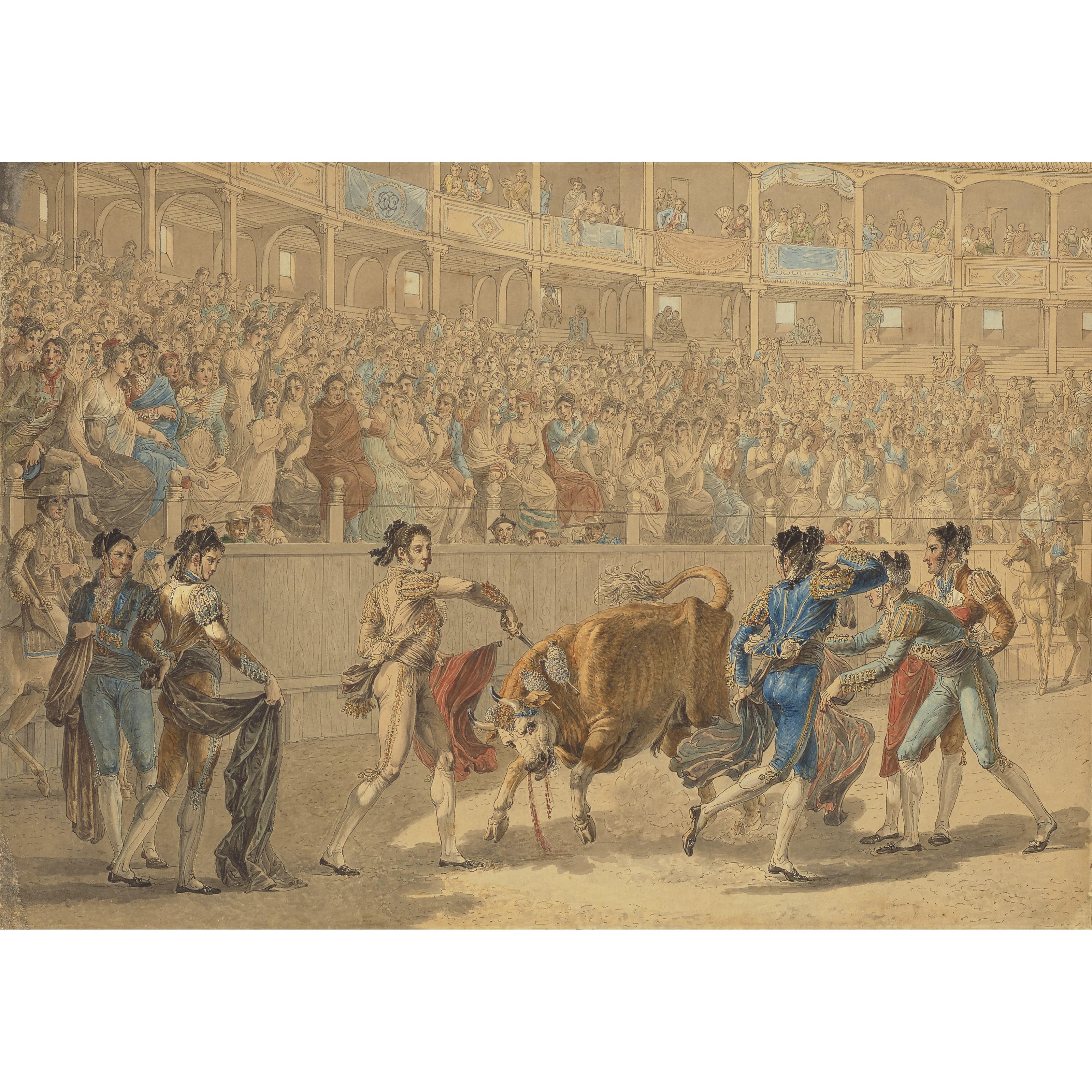 Jean-Démosthène Dugourc - A matador delivering the coup de grâce at a bullfight, a large crowd looking on