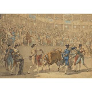 Jean-Démosthène Dugourc - A matador delivering the coup de grâce at a bullfight, a large crowd looking on