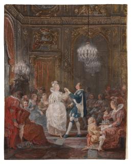 Jean Démosthène Dugourc - A party in a Louis XVI interior lit by a candelabra and a torchere, with a couple dancing the minuet