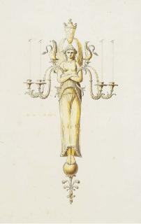 Jean-Démosthène Dugourc - Projet D\'Applique À Quatre Lumières Avec Deux Cygnes Et Une Femme Portant Un Vase Sur La Tête