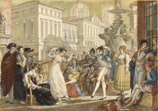 Jean-Démosthène Dugourc - The Plaza de la Provincia, Madrid, with a crowd watching an elegant couple dance, a fountain emblazoned with the Royal Arms of Spain and the dome of the Church of San Isidro seen beyond