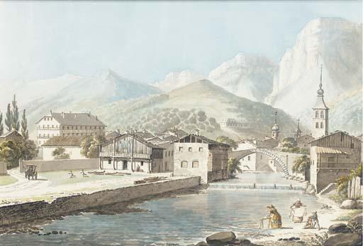 Jean Dubois - Vue de Sallanches, avec l\'Hôtel Bellevue chez Lafin, la chaïne des Aravis au fond