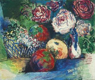 Jean Dufy - Corbeille de fruits et bouquet de roses