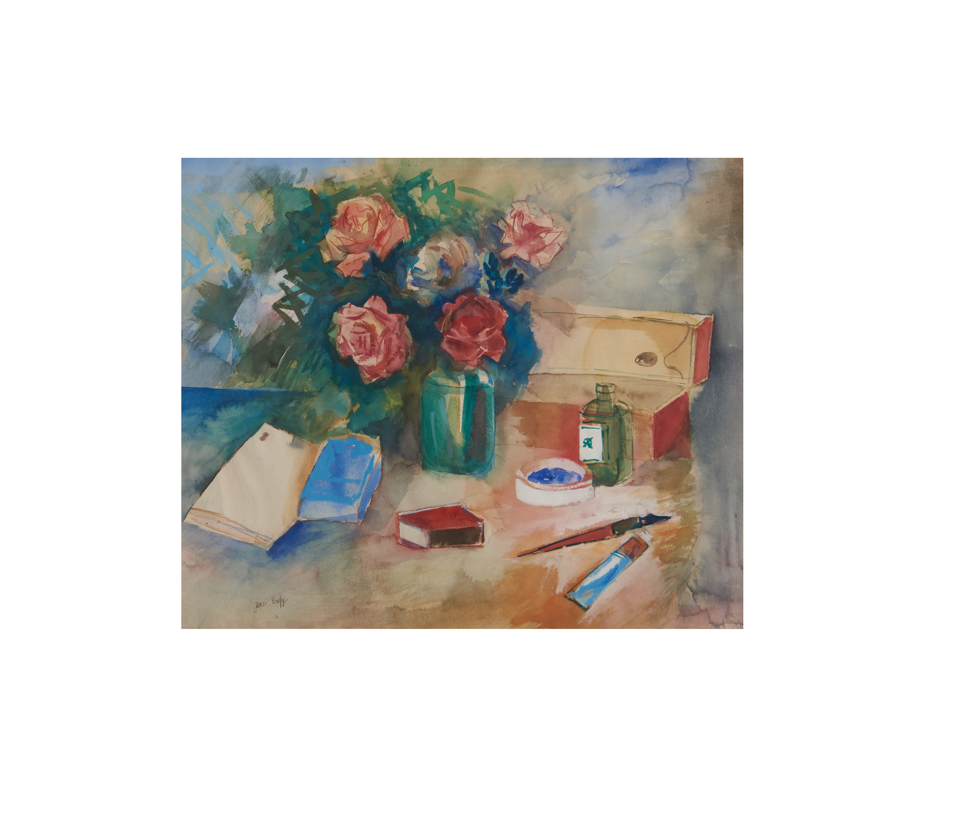 Jean Dufy - Still Life with Artist\'s Tools and Vase of Roses 19 x 23 in. (48.0 x 58.3 cm) framed 26 3/4 x 30 1/2 x 1 3/4 in.